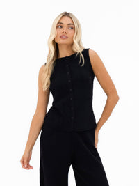 Zoey Ribbed Button Up Top - Schwarz