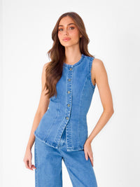 Blakely Denim Button Up Top - Classic Blue
