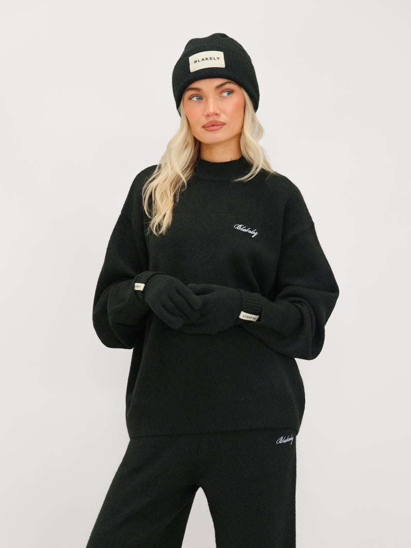 Label Knitted Gloves - Dunkelgrün