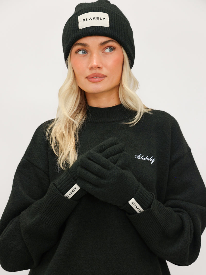 Label Knitted Gloves - Dunkelgrün