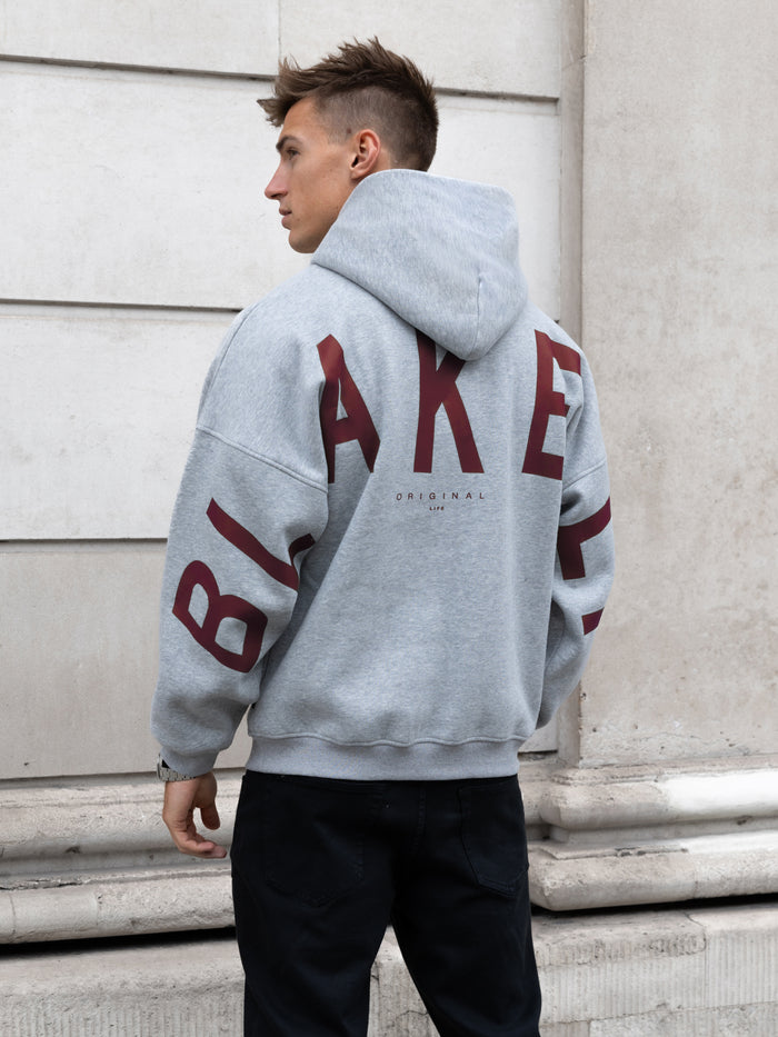 Idris Oversized Hoodie - Marl Grey & Maroon Red