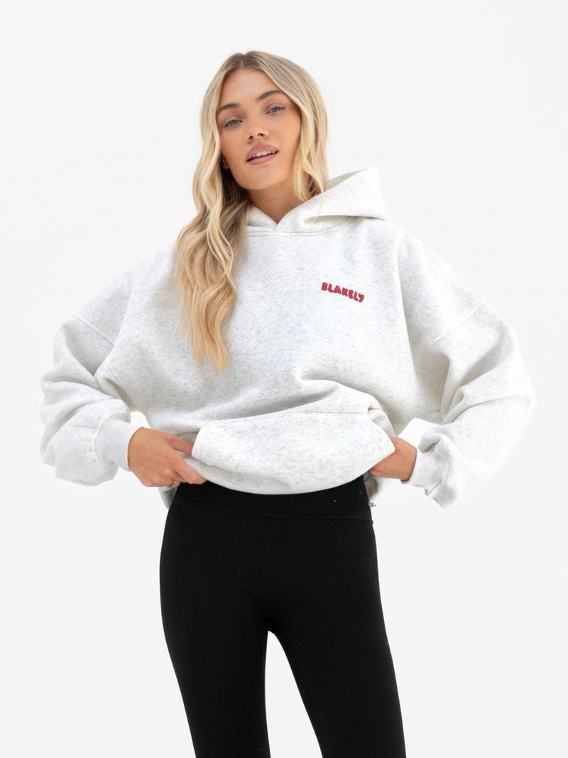 Cloud Print Oversized Hoodie - Melange-Grau & Kirschrot