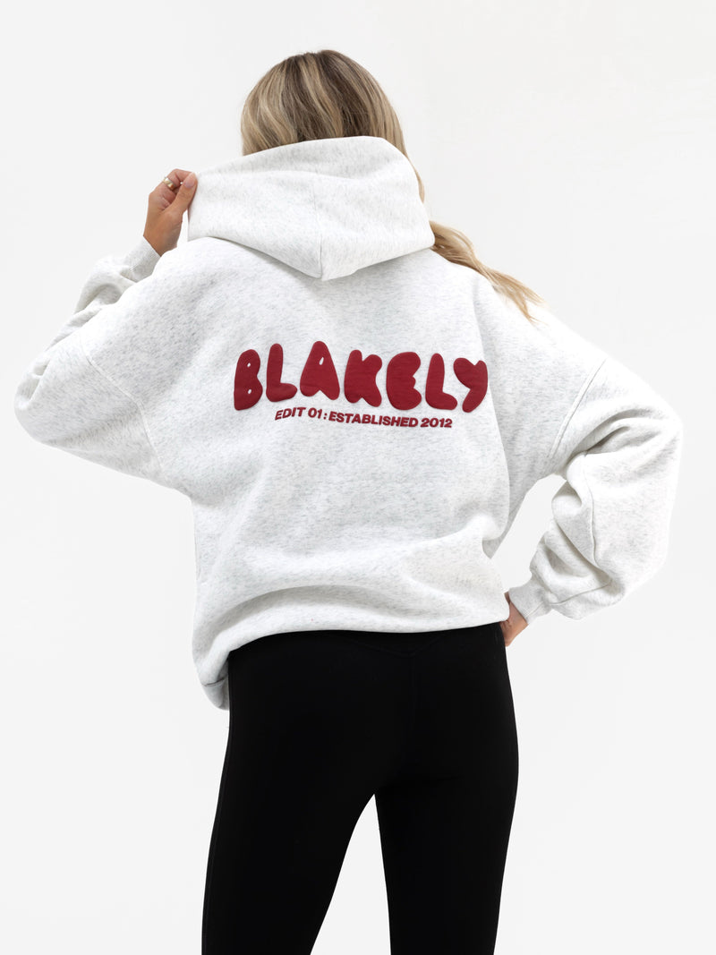 Cloud Print Oversized Hoodie - Melange-Grau & Kirschrot