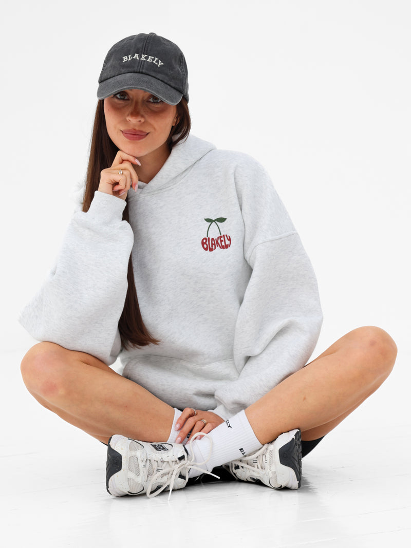 Cherry Bubble Print Oversized Hoodie - Marl Grey