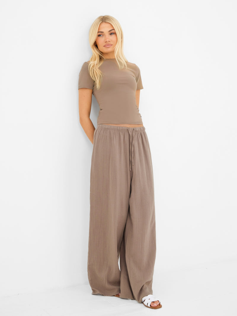 Lucia Baby Tee & Mila Wide Leg Trousers Set - Taupe & Tan