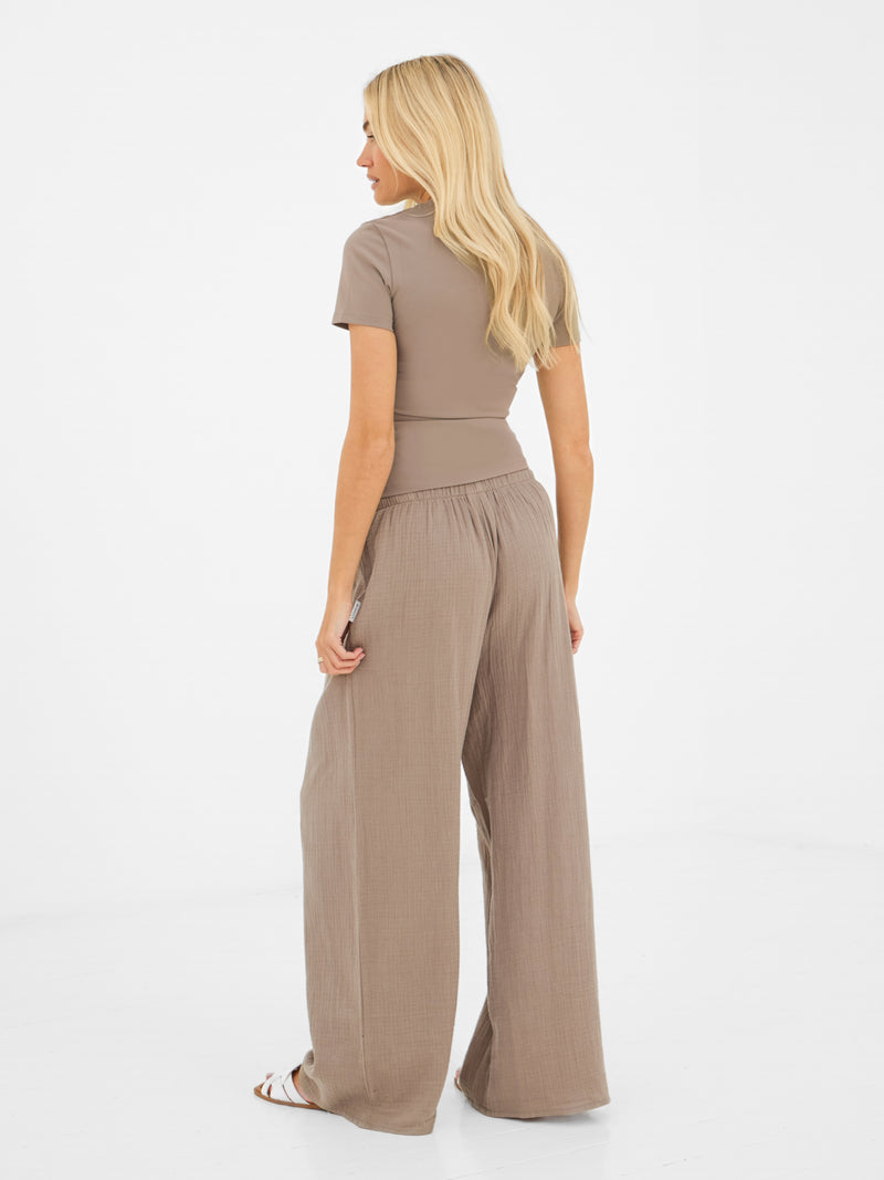 Lucia Baby Tee & Mila Wide Leg Trousers Set - Taupe & Tan