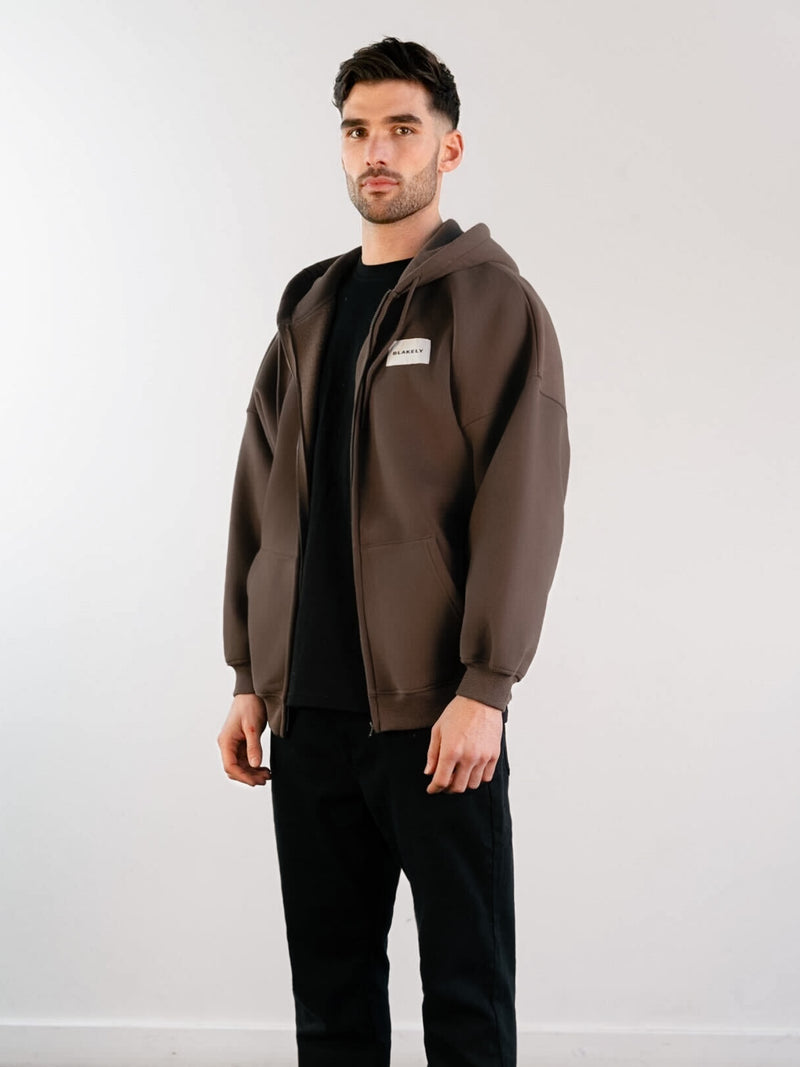 Label Relaxed Full Zip Hoodie - Slate Brown