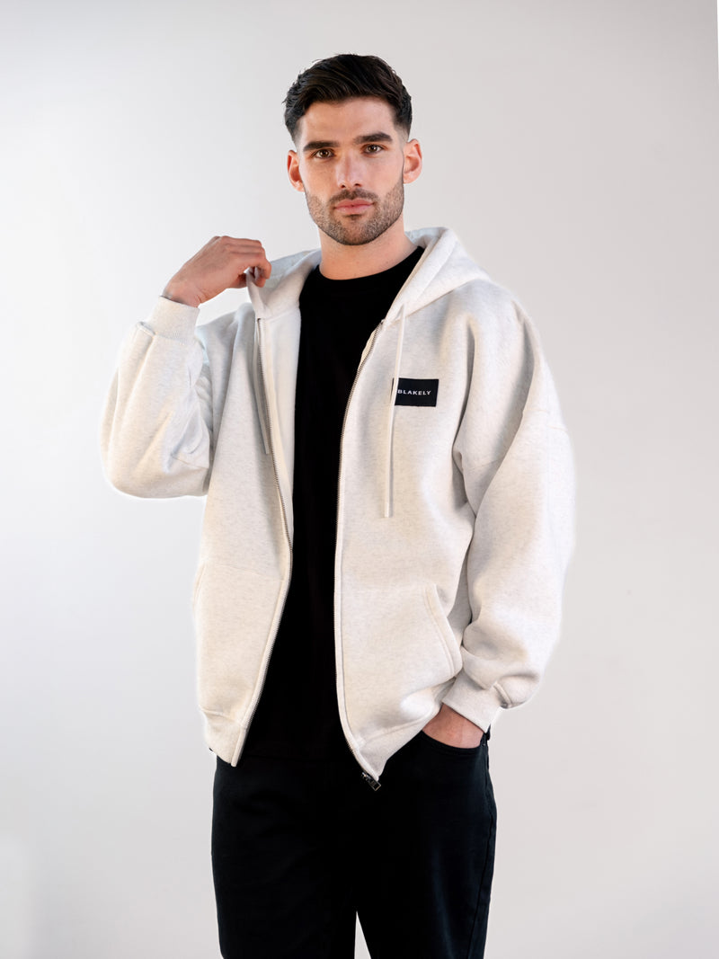 Label Relaxed Full Zip Hoodie - Marl White