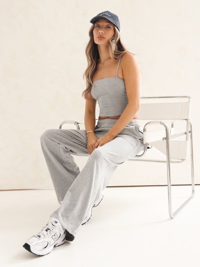 Ayla Cotton Wide Leg Trousers - Gris chiné
