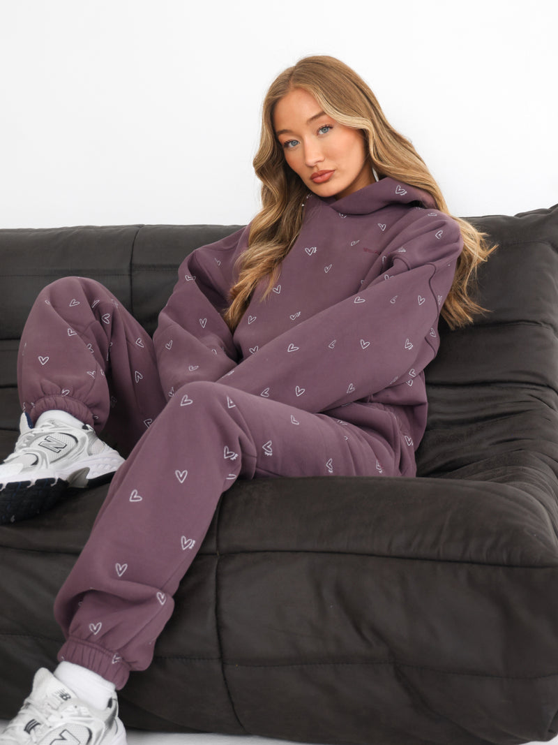 Rhea Heart Print Cuffed Sweatpants - Washed Plum