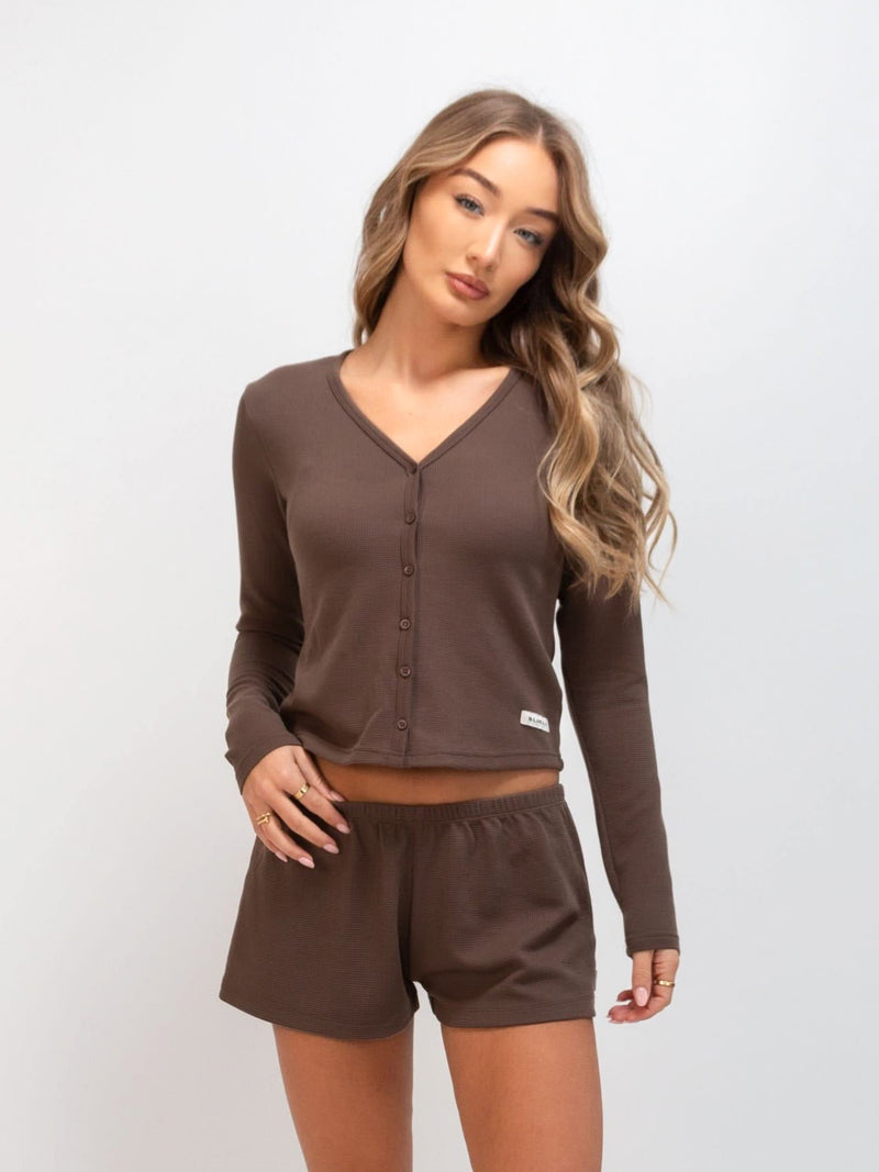 Soft Waffle Cardigan & Shorts Set - Brown