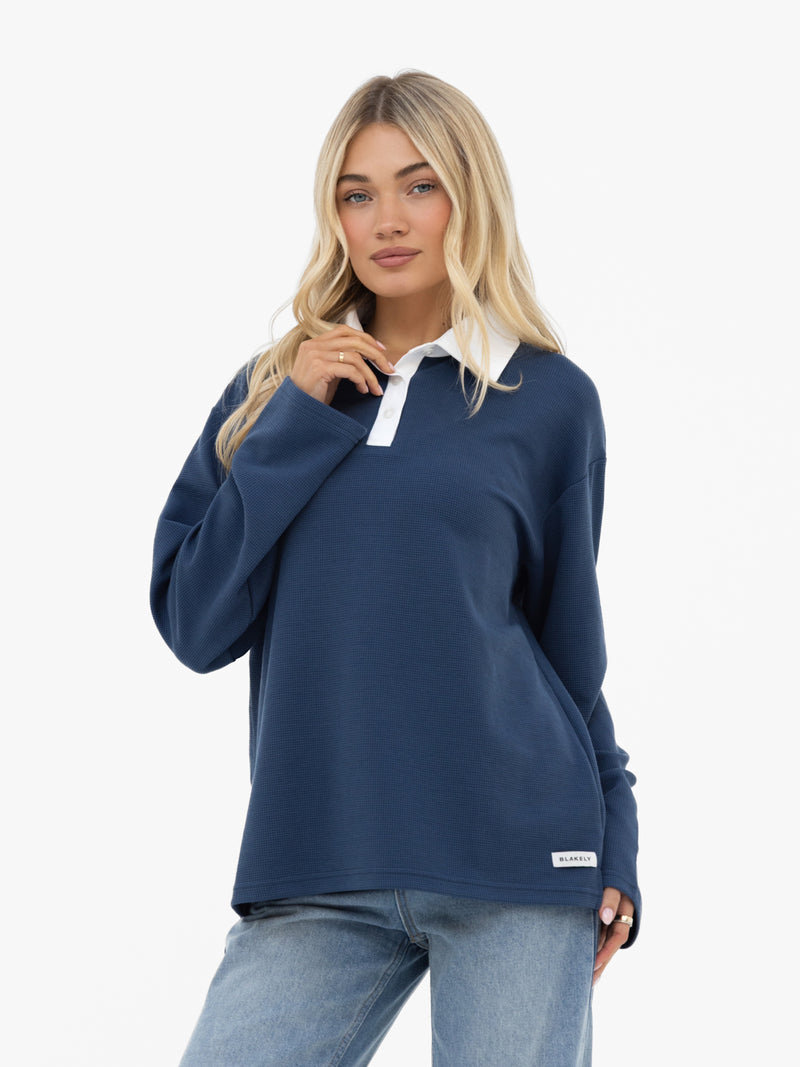Soft Waffle Rugby Shirt - Blau
