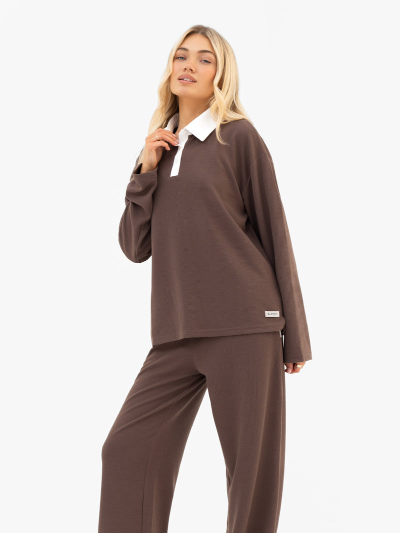 Soft Waffle Rugby Shirt - Brown