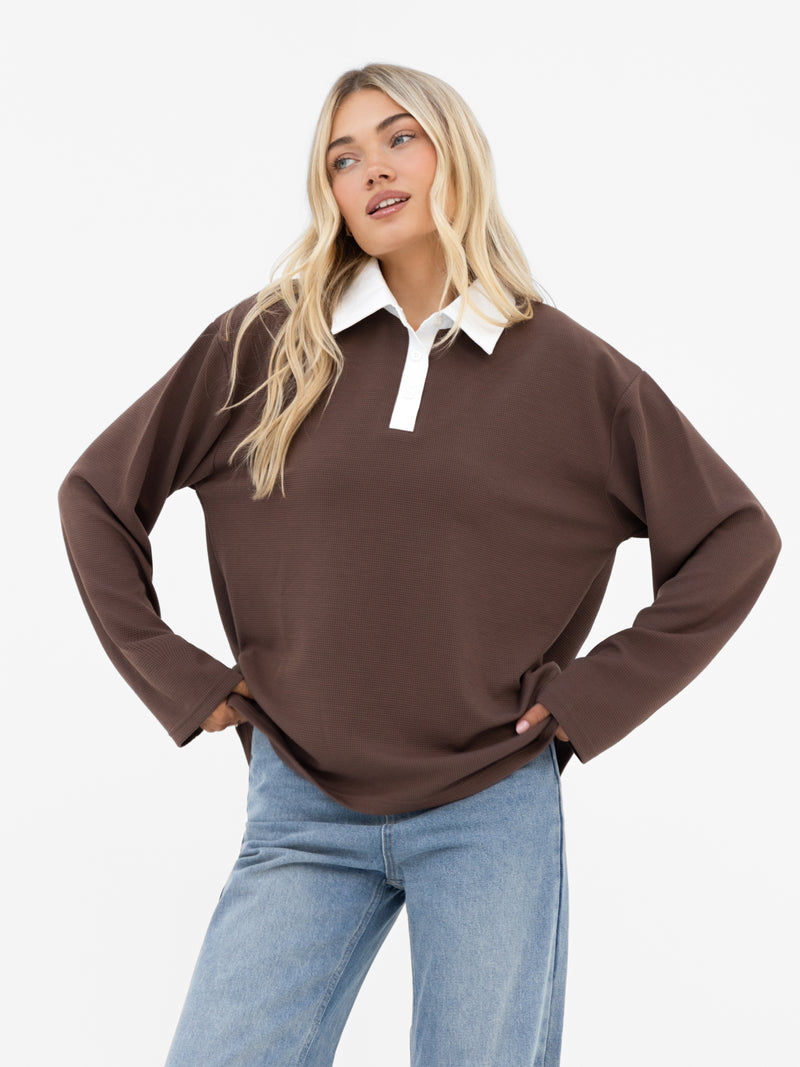 Soft Waffle Rugby Shirt - Brown
