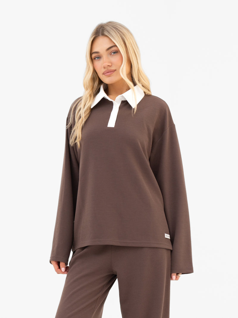 Soft Waffle Rugby Shirt - Brown