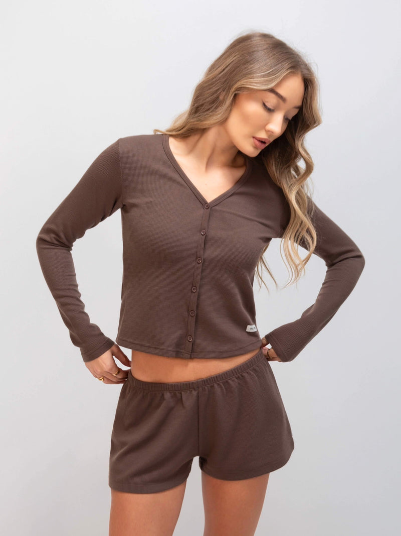 Soft Waffle Cardigan & Shorts Set - Brown