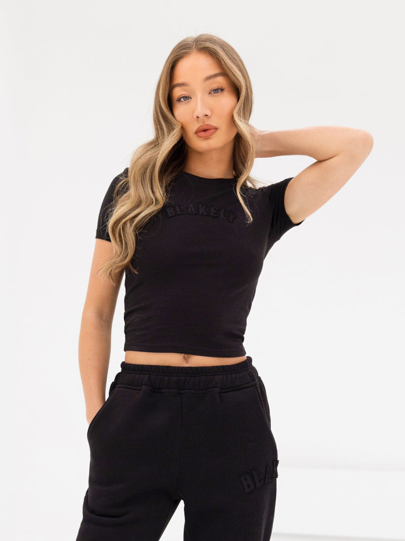 Tonal Varsity Crop Top - Black