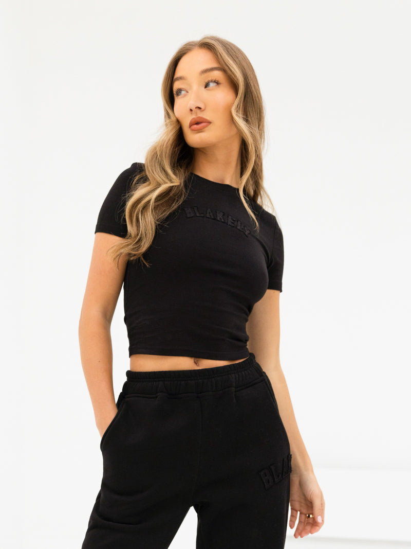 Tonal Varsity Crop Top - Black