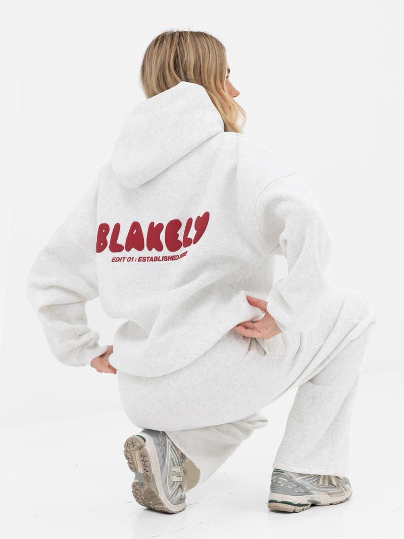 Cloud Print Wide Leg Sweatpants - Melange Grau & Kirschrot