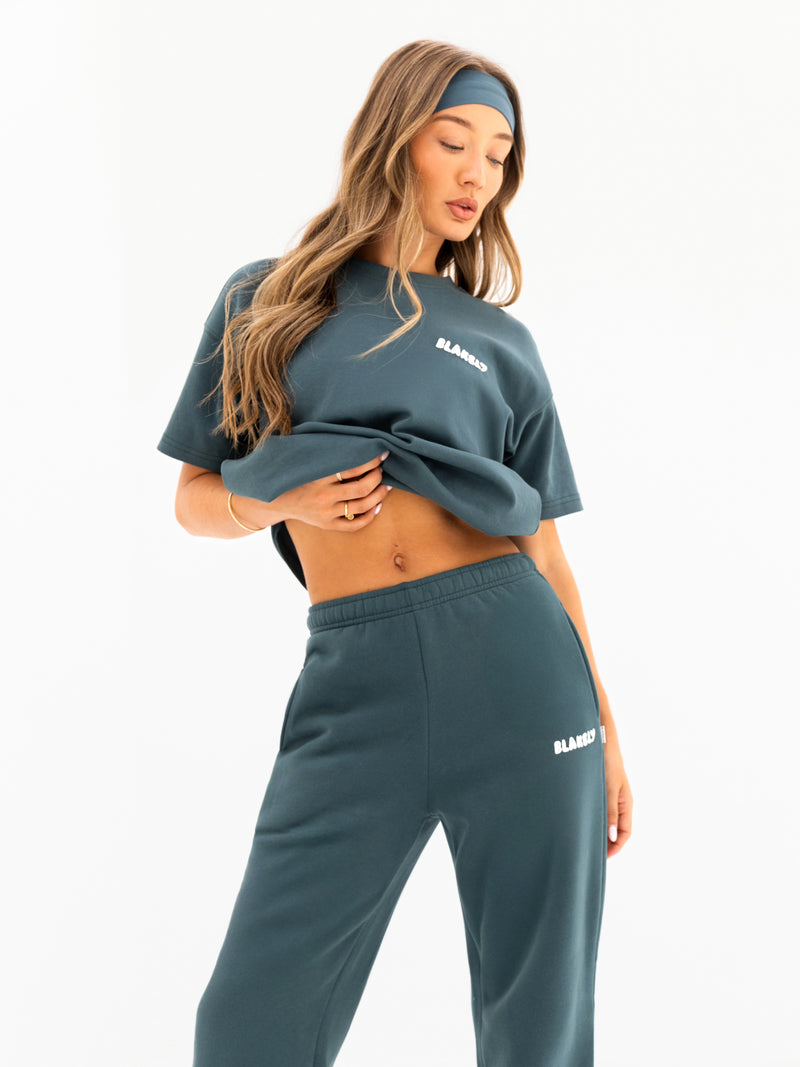 Cloud Print Wide Leg Sweatpants - Blaugrün