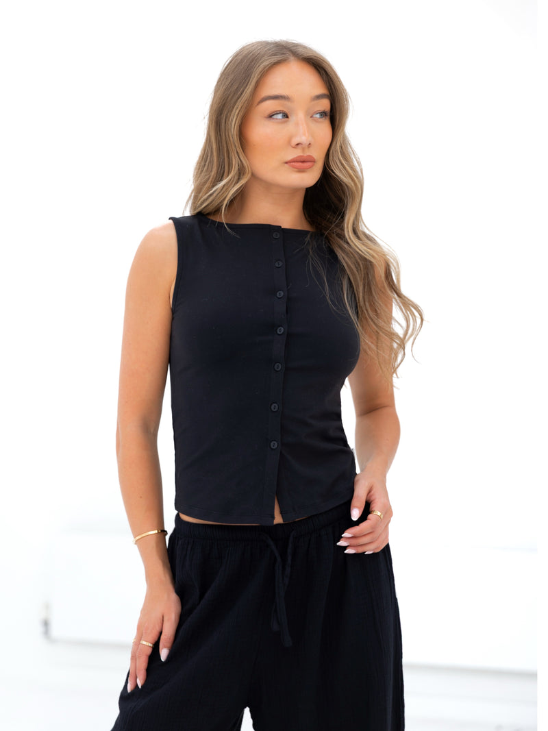 Lucia Button Up Top - Black