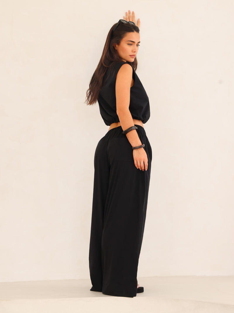 Kaia Wide Leg Poplin Trousers - Noire