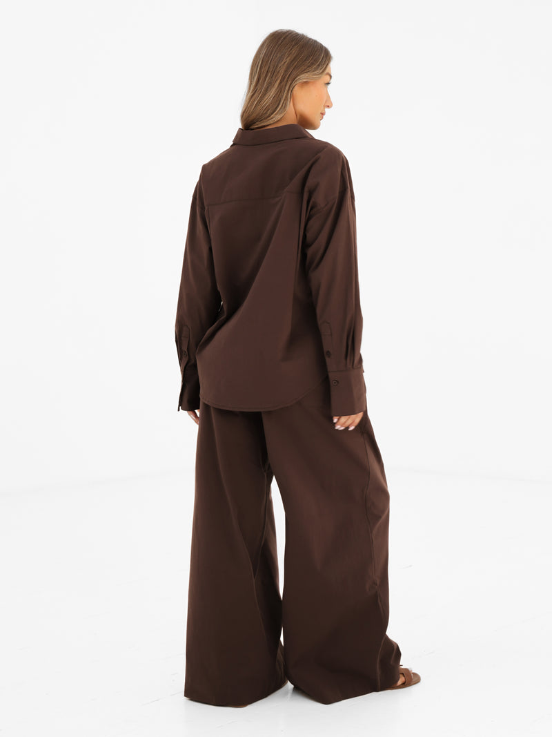 Kaia Wide Leg Poplin Trousers - Brun moka