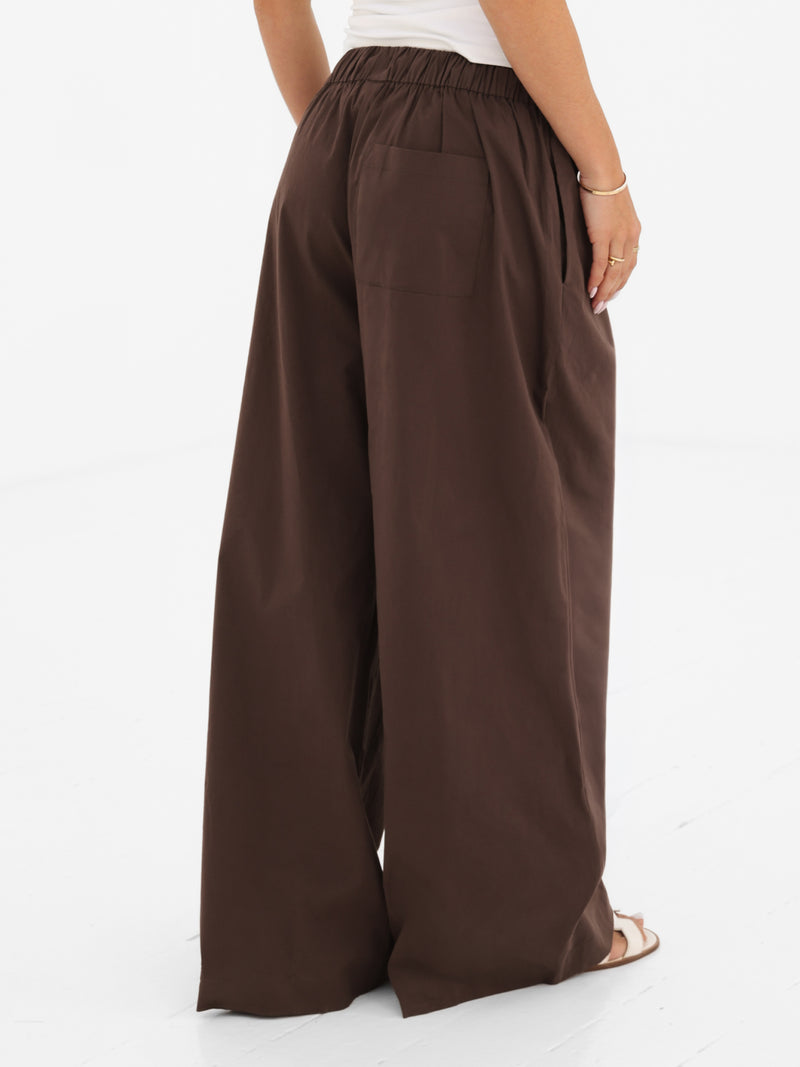 Kaia Wide Leg Poplin Trousers - Brun moka