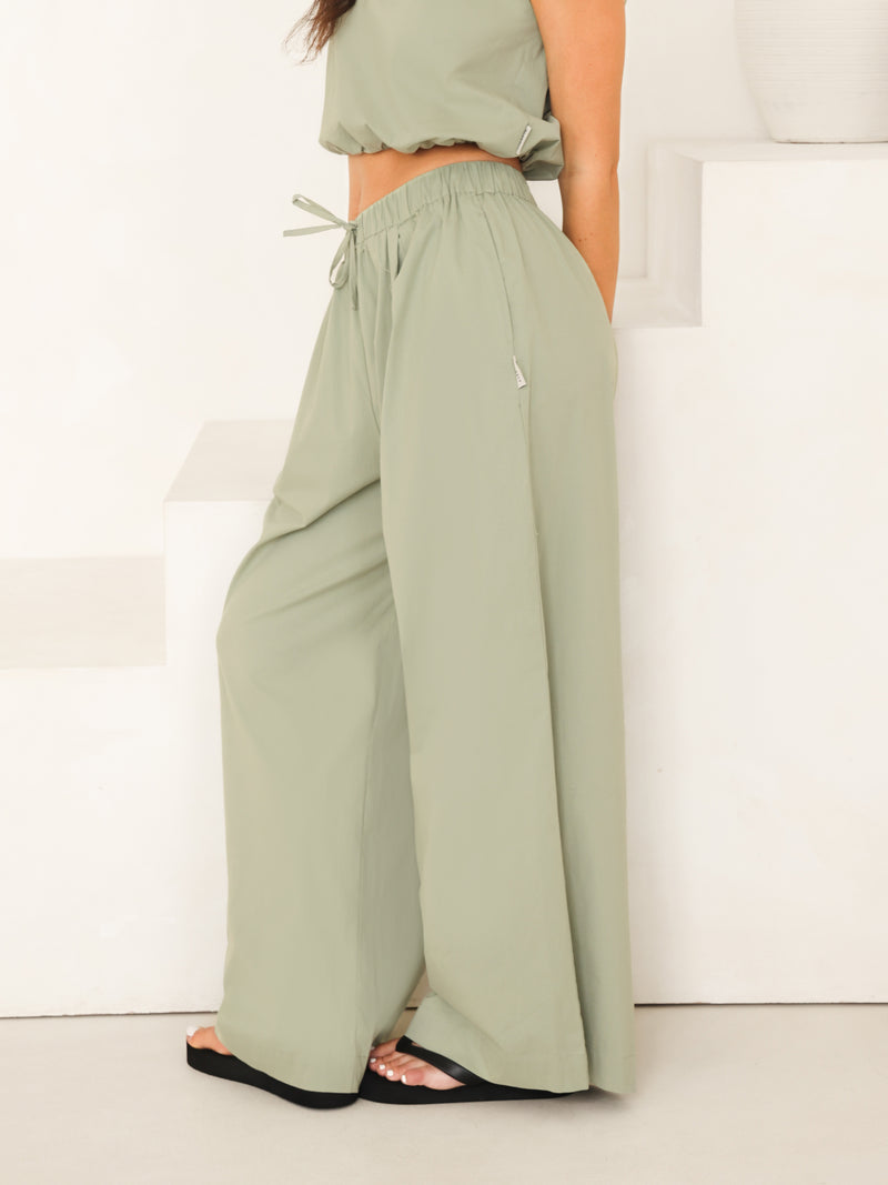 Kaia Wide Leg Poplin Trousers - Pistache