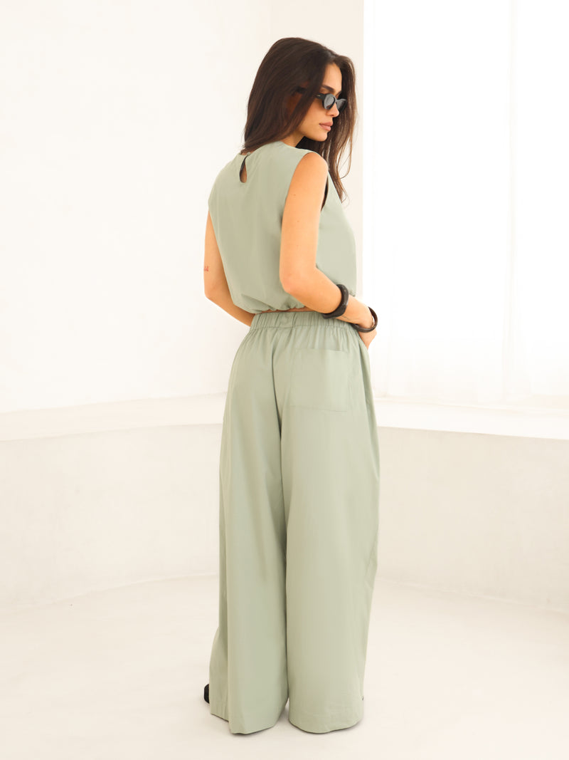 Kaia Wide Leg Poplin Trousers - Pistache