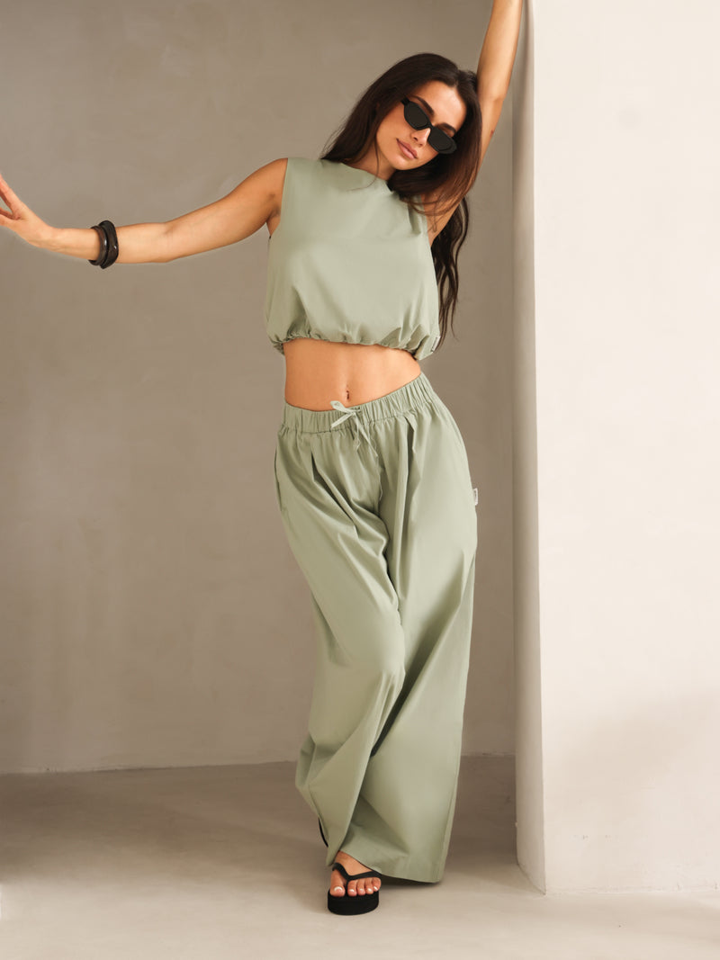 Kaia Wide Leg Poplin Trousers - Pistache
