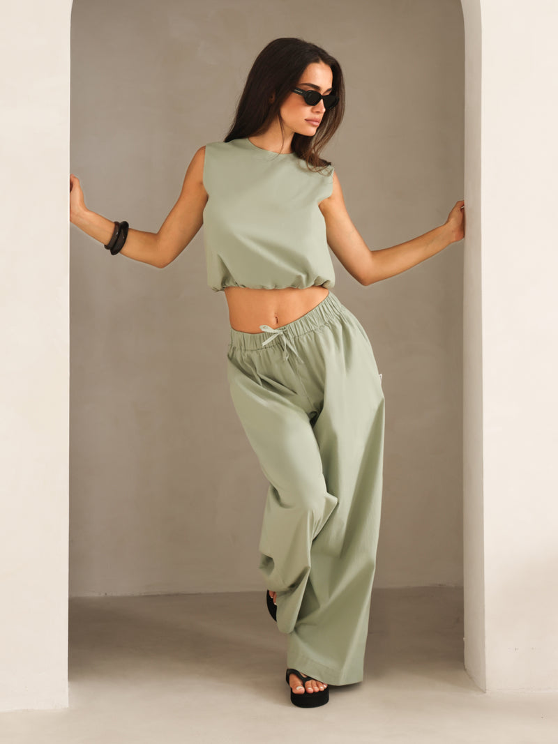 Kaia Wide Leg Poplin Trousers - Pistache