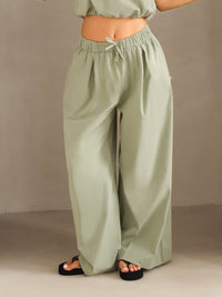 Kaia Wide Leg Poplin Trousers - Pistache