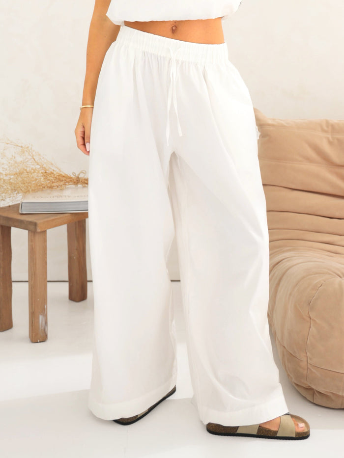 Kaia Wide Leg Poplin Trousers - Wit