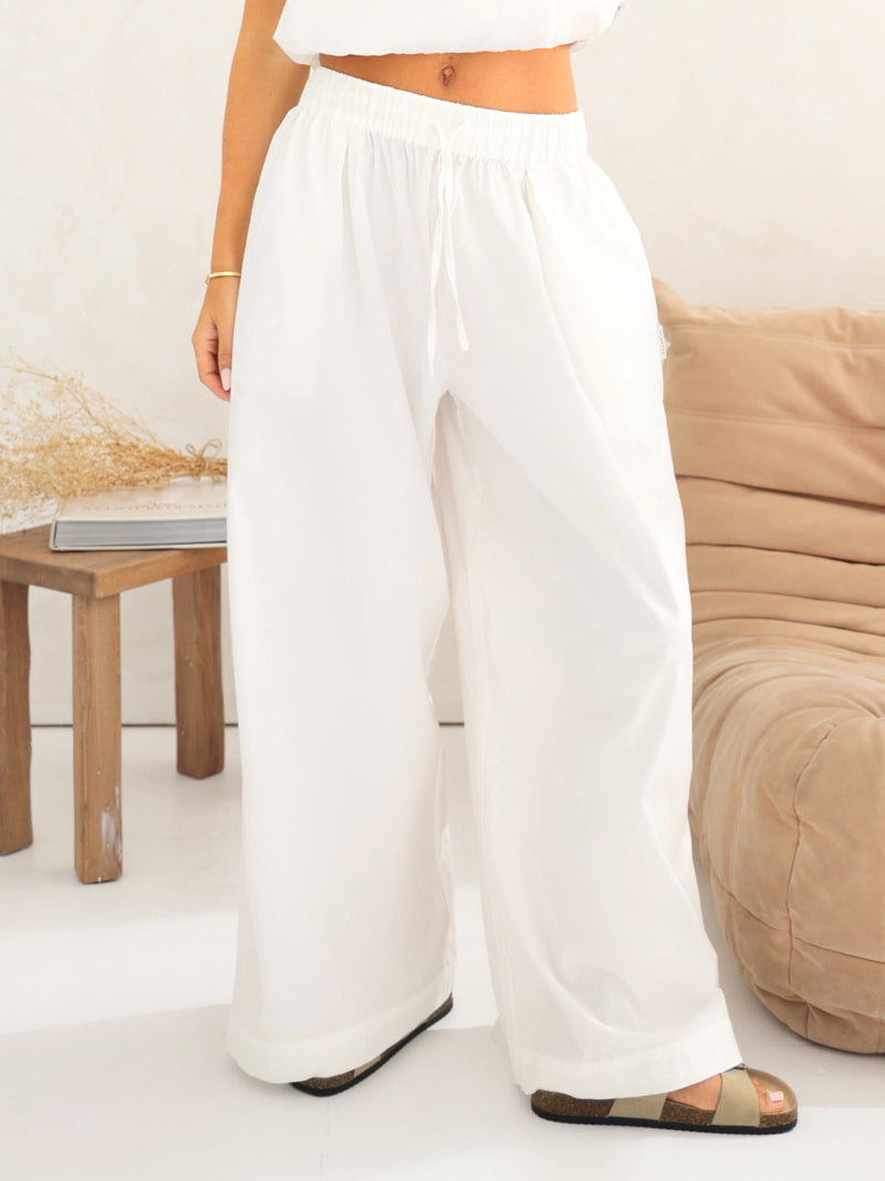 Kaia Wide Leg Poplin Trousers - Blanche