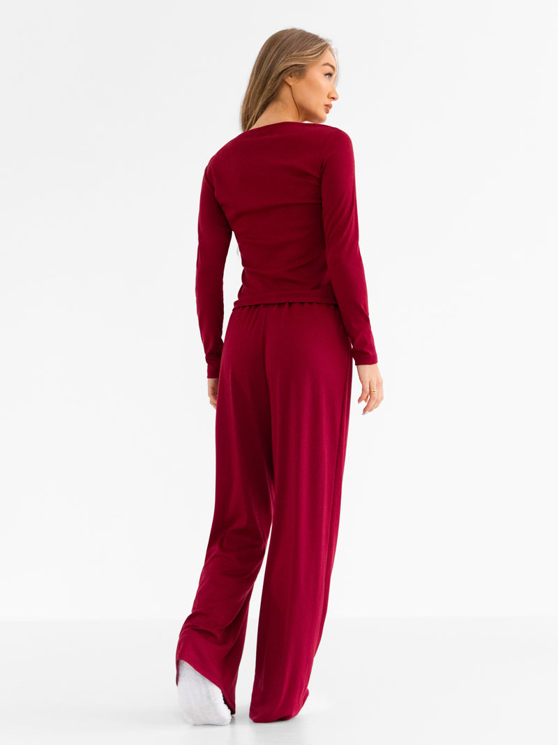 Rosie Pointelle Long Sleeve Top - Soft Burgundy