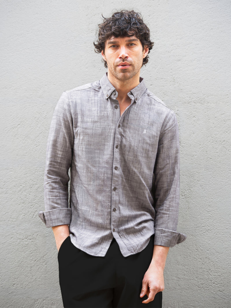 Conrad Long Sleeve Textured Shirt - Marron foncé