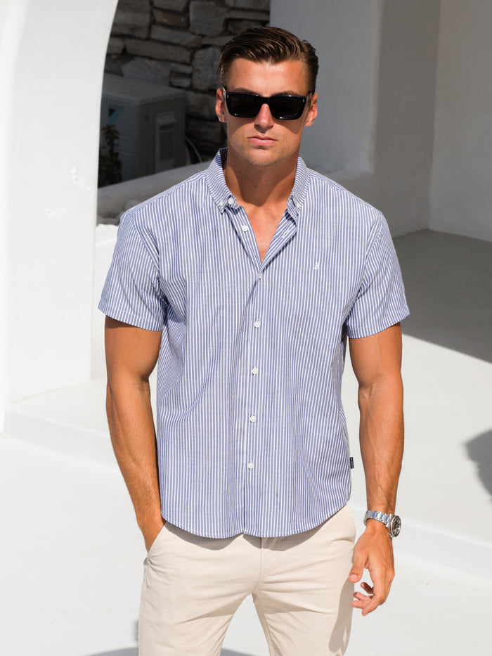 *UNRELEASED* 4405 Gestreept herenoverhemd met korte mouwen - marineblauw / wit