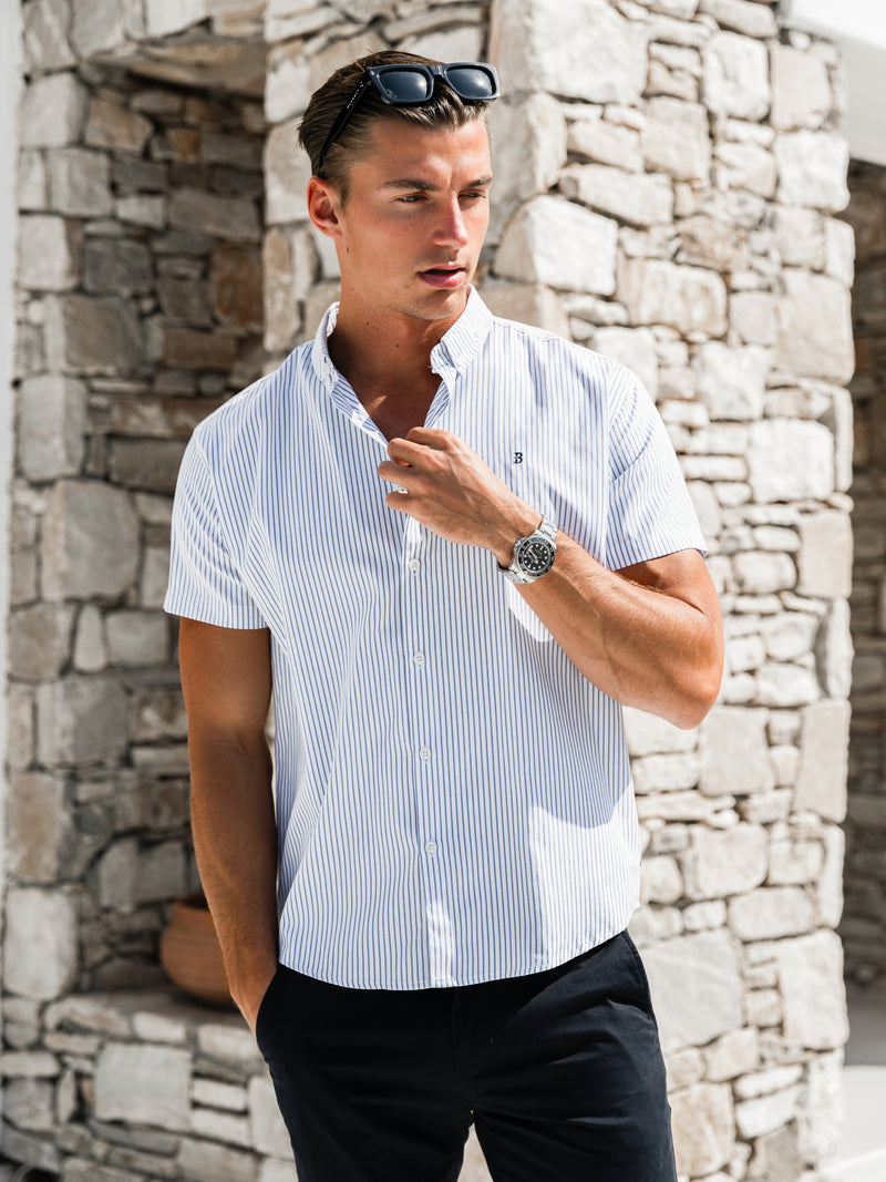 *UNRELEASED* 4405 Gestreept herenshirt met korte mouwen - wit / blauw