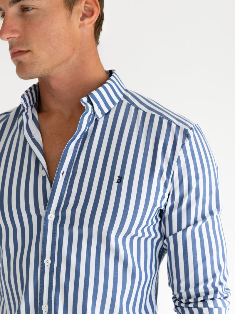 *NIET UITGEBRACHT* 4481 Gestreept herenoverhemd met lange mouwen - Marineblauw