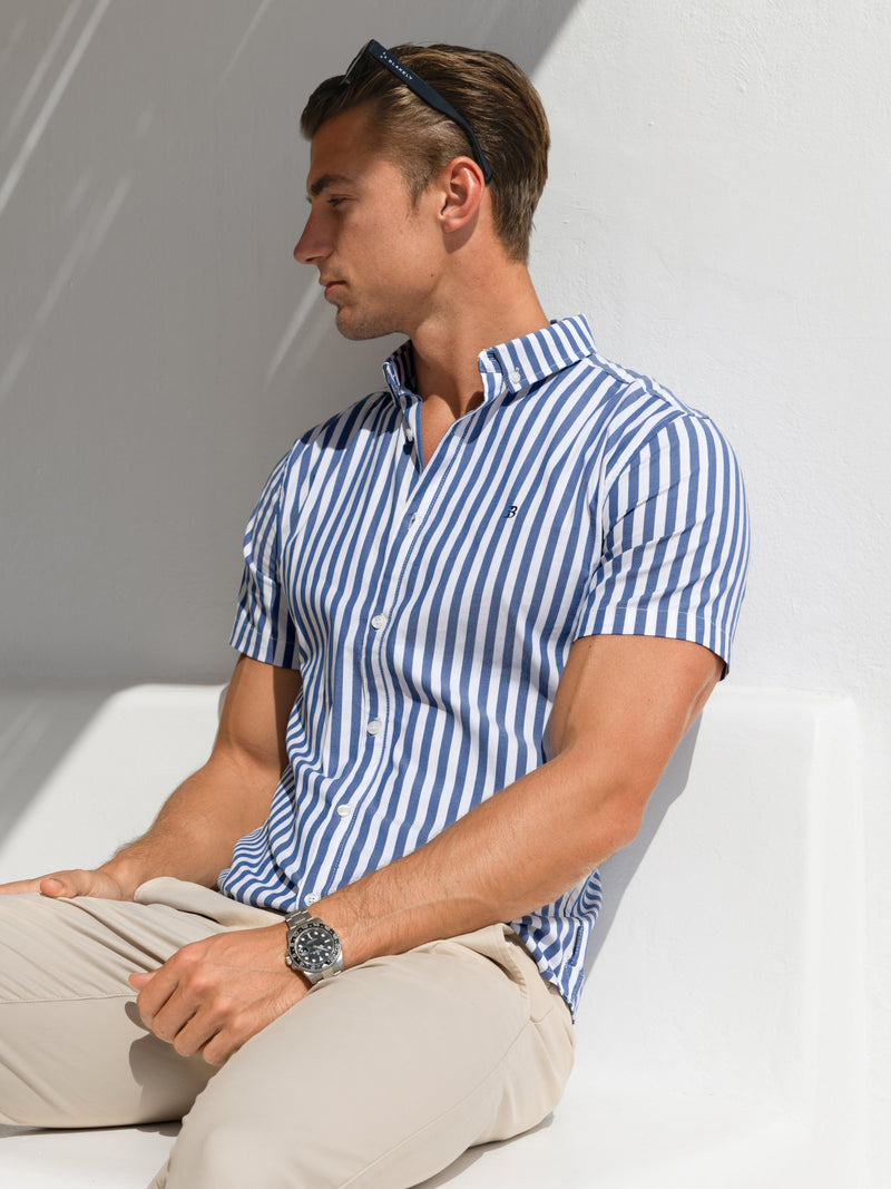 *NIET UITGEBRACHT* 4481S Gestreept herenoverhemd met korte mouwen - Marineblauw