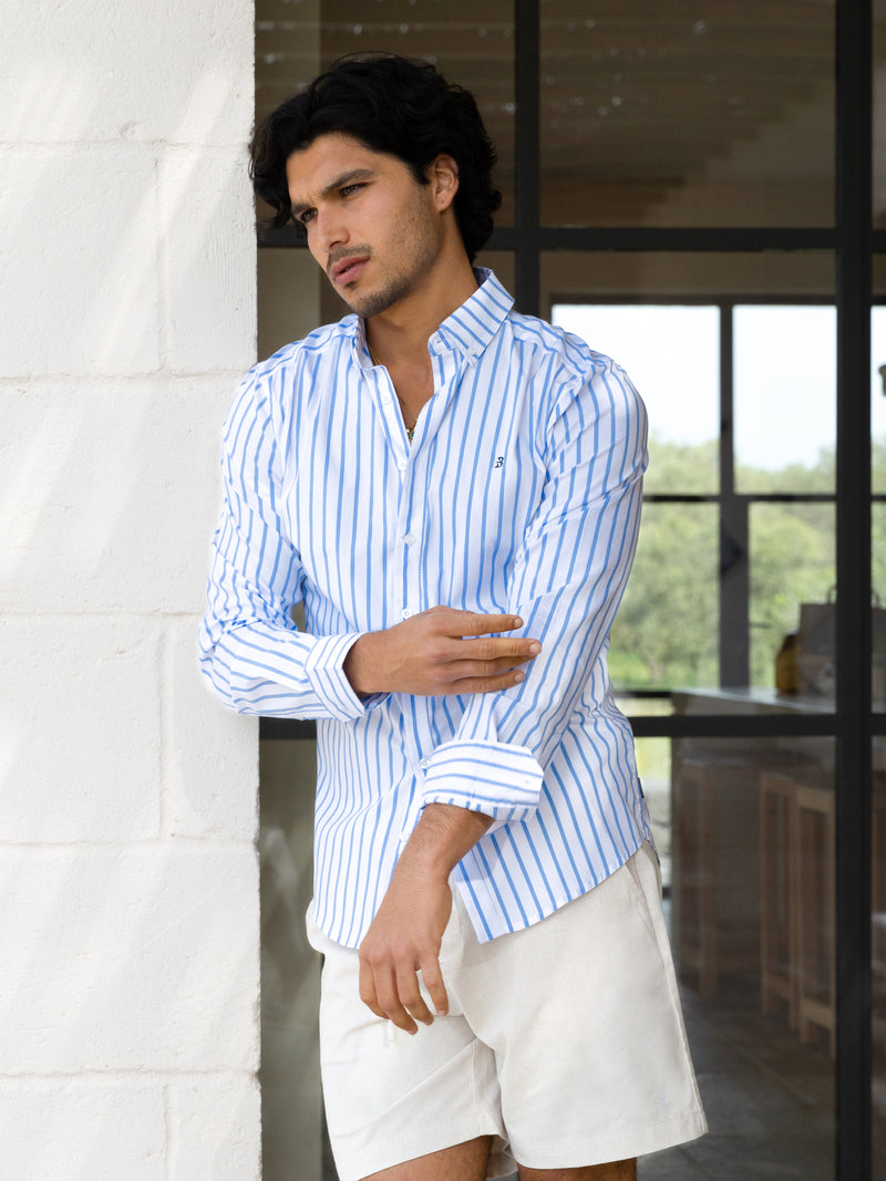 Elias Long Sleeve Stripe Shirt - Weiß und Hellblau
