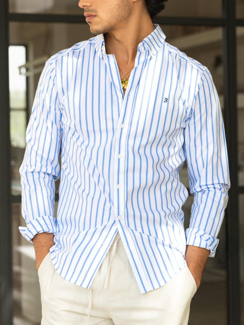 Elias Long Sleeve Stripe Shirt - Weiß und Hellblau