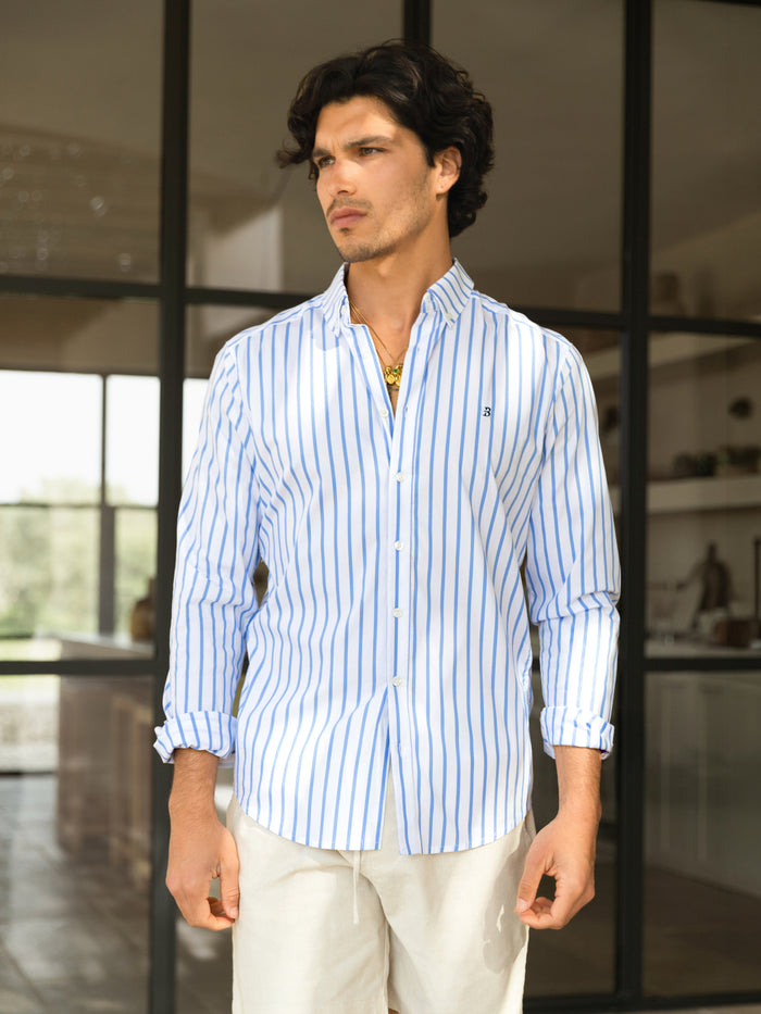 Elias Long Sleeve Stripe Shirt - Weiß und Hellblau