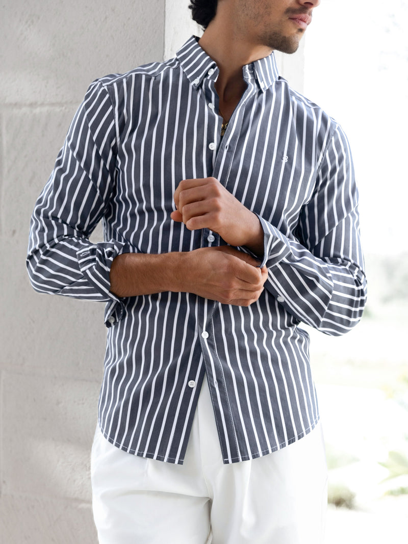 Elias Long Sleeve Stripe Shirt - Navy