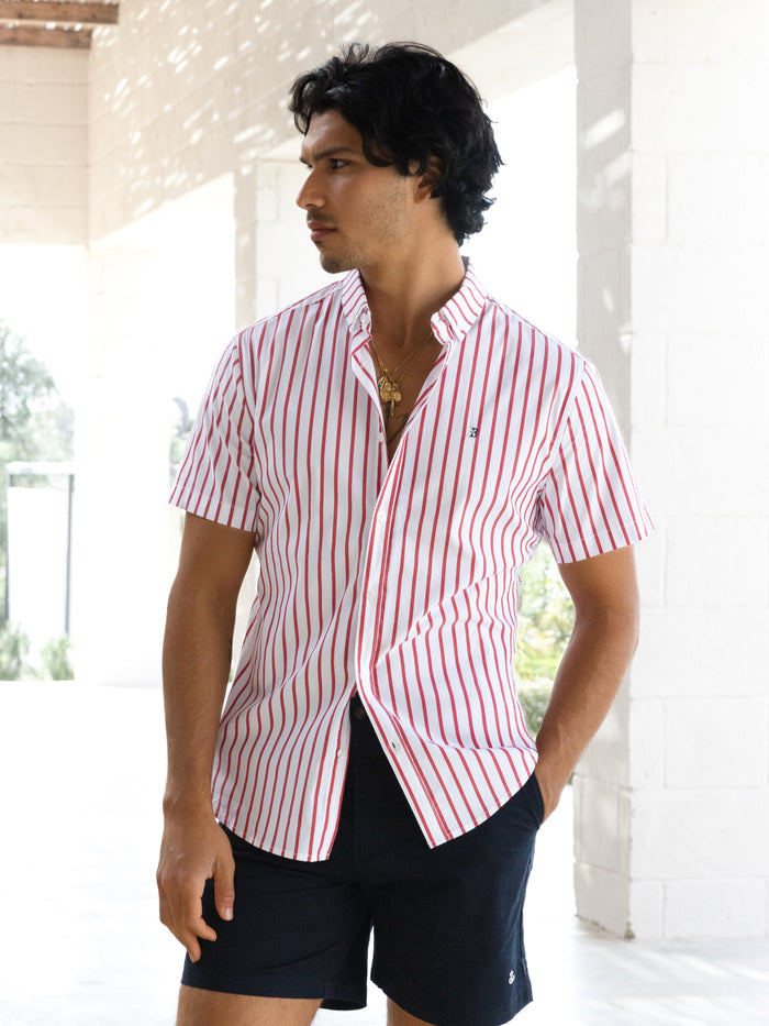 Elias Short Sleeve Stripe Shirt - Weiß und Rot