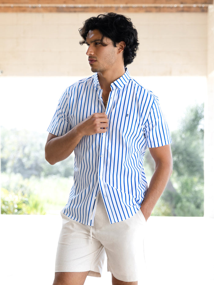 Elias Short Sleeve Stripe Shirt - Weiß und Blau