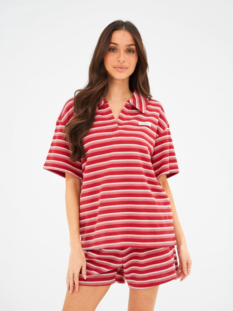 Soft Stripe Waffle Rugby Shirt - Rode Streep