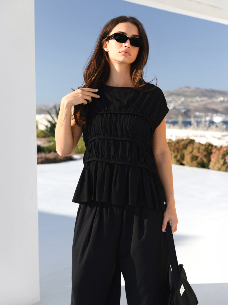 Alessia Linen Frill Top - Schwarz