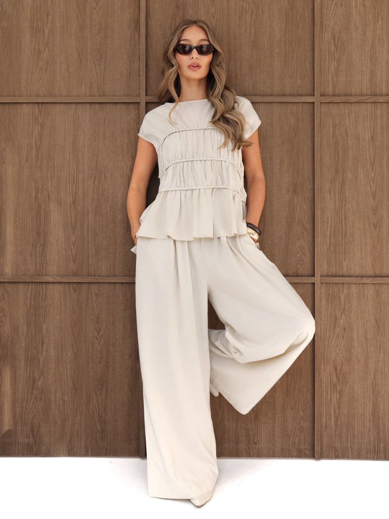 Alessia Linen Frill Top - Cremefarben